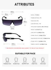 Spécifications détaillées des dimensions de la monture pour lunettes de soleil sport sans bord