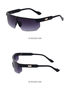 Détails de lunettes de soleil de sport sans monture avec charnières dorées et verres