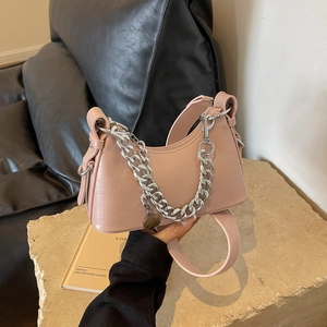 Pink crocodile pattern underarm hobo bag with silver chain and leather strap