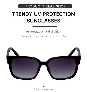 Detail of square black sunglasses with purple gradient lenses and UV protection coating