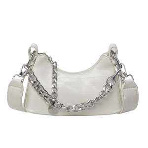 Creamy white crocodile embossed half-moon underarm bag with silver chain and leather strap