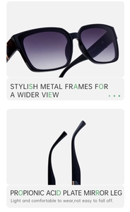 Detail of square black metal sunglasses featuring premium propionic acid plate temples