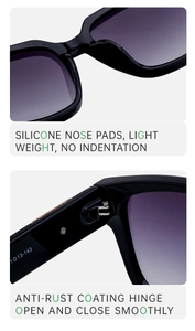 Detail of soft silicone nose pads and durable rust-proof hinges on black sunglasses