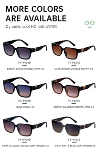 Detailed chart showing HD anti-UV400 square frame sunglasses in six varied colors