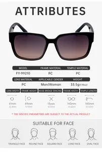 Detailed size chart for square frame sunglasses with frame dimensions and lens specifications