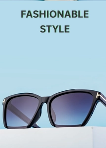 Detail of polarized cat-eye sunglasses featuring black frame and gradient purple lenses