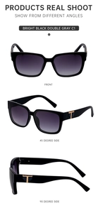 Detail view of square sunglasses with golden T-shaped hinges and double gray lenses