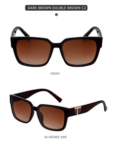 Detail view of dark brown oversized square sunglasses with a metallic T-shaped hinge