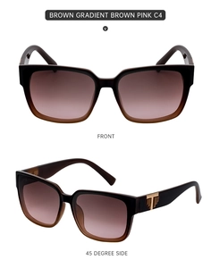 Detail view of square frame sunglasses in brown gradient with metallic T accents