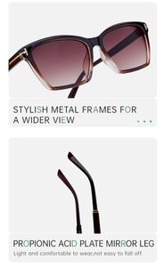 Close-up of square cat-eye sunglasses with T-shaped metal hinges and gradient lenses