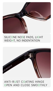 Detail of silicone nose pads and durable metal hinge on polarized cat eye sunglasses