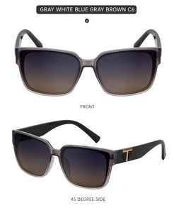 Front and side view of square sunglasses with gray frame and gradient lenses