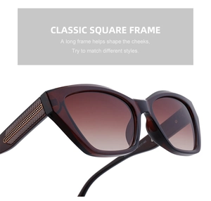 Detail of tortoiseshell square sunglasses with gradient brown lenses and metal side trim
