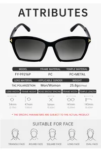 Size chart showing PC and metal cat-eye polarized sunglasses dimensions and lens specifications