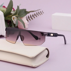 Lunettes de soleil de sport sans monture avec verres dégradés et étui en cuir crème