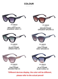 Detailed grid showing Y2K cat-eye sunglasses in six various gradient color lens options