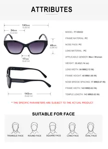 Detailed size chart for Y2K cat eye sunglasses showing PC frame and lens measurements