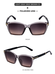 Macro detail of cat-eye polarized sunglasses with gold T-shaped metal hinge accents
