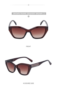 Detail view of brown cat eye sunglasses with gradient lenses and textured side temples