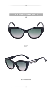 Detailed front and 45-degree views of black cat-eye sunglasses with gradient lenses