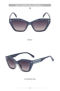 Front and side view of cat-eye sunglasses with gray translucent frames and gradient lenses