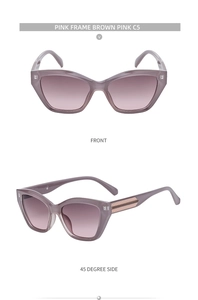 Detailed views of cat-eye sunglasses with transparent pink frame and gradient lenses