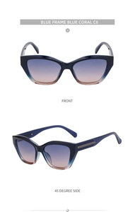 Detailed front and side views of cat eye sunglasses with blue gradient frame and woven metal temple