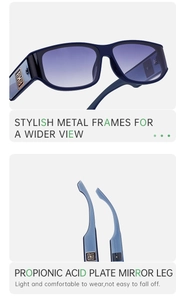 Detail of metal frame sunglasses with propionic acid plate temples and golden logo
