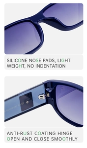 Detail view of square sunglasses with soft silicone nose pads and durable metal hinges