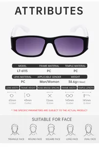Detailed size chart for square frame sunglasses showing PC material and dimensions