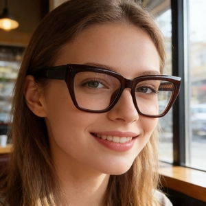 Detail of dark tortoiseshell cat-eye glasses frame on model in soft indoor light