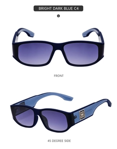Front and 45-degree side view of dark blue square frame sunglasses with purple gradient lenses