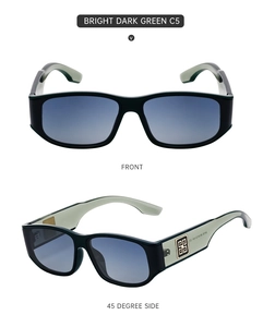 Detail view of square green sunglasses with blue gradient lenses and gold square logo