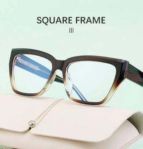 Detailed close-up of brown gradient square optical frame with metal core temples