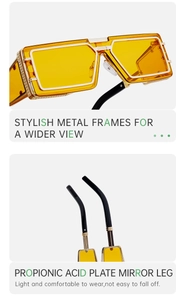 Detail of square silver metal frame with yellow lenses and propionic fiber temples