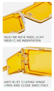 Detail of yellow lens sunglasses showing silicone nose pads and anti-rust hinges