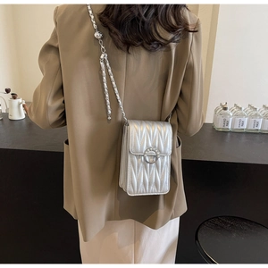 Dettaglio di una mini borsa trapuntata argento con fibbia di perle e catena