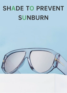Detail of light blue aviator sunglasses with silver mirror lenses and gold T-hinge logo