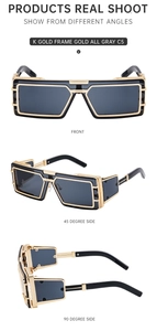 Three-angle view of gold rectangular sunglasses with grey lenses and futuristic design