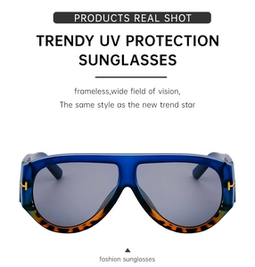 Detail of blue and tortoiseshell sunglasses with golden T-shape metal hinge accents