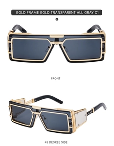 Close-up of industrial gold metal square sunglasses with mesh detailing and gray lenses