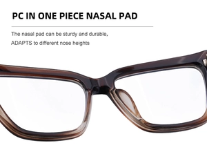 Detail of sturdy PC one-piece nasal pads on stylish gradient cat-eye glasses frames