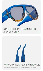 Detail of oversized sunglasses with blue tortoise frame and metal T-shaped hinge accents