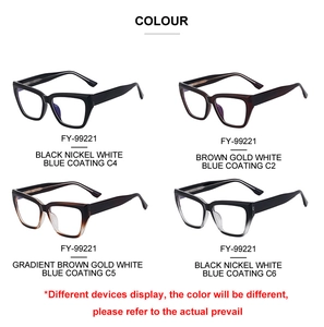Cat eye glasses frames in black, brown, and grey with blue light coating lenses