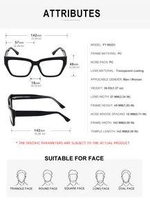 Detailed size chart for cat eye glasses frame model FY-99221 with full measurements
