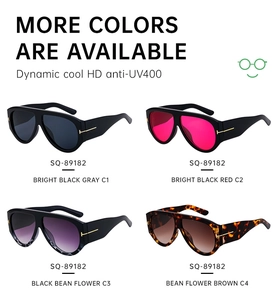 Detailed view of square sunglasses in four colors with distinctive metal T-hinge accents