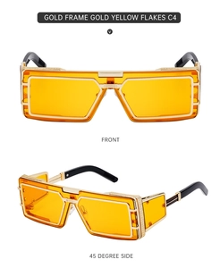Front and 45-degree side views of gold full-rim sunglasses with yellow lenses