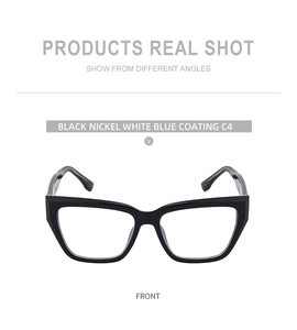 Front view of black cat-eye optical frame with C4 black nickel white blue coating