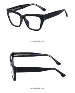 Detailed views of black cat-eye glasses frames showing 45 and 90 degree side angles