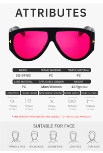 Detailed size chart for oversized pink lens sunglasses with T-shaped metal hinges